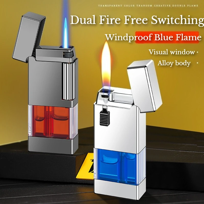 New Lighter with Direct Flame Dual Flame Switching, Visible Transparent Gas Chamber, Metal Smoking Accessories,cigarette Lighter