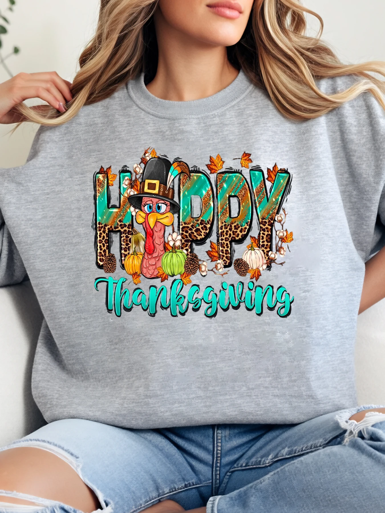 

Толстовка с принтом тыквы и леопардовым принтом «С Днем Благодарения», женская повседневная осенняя праздничная одежда, серая, больших размеров