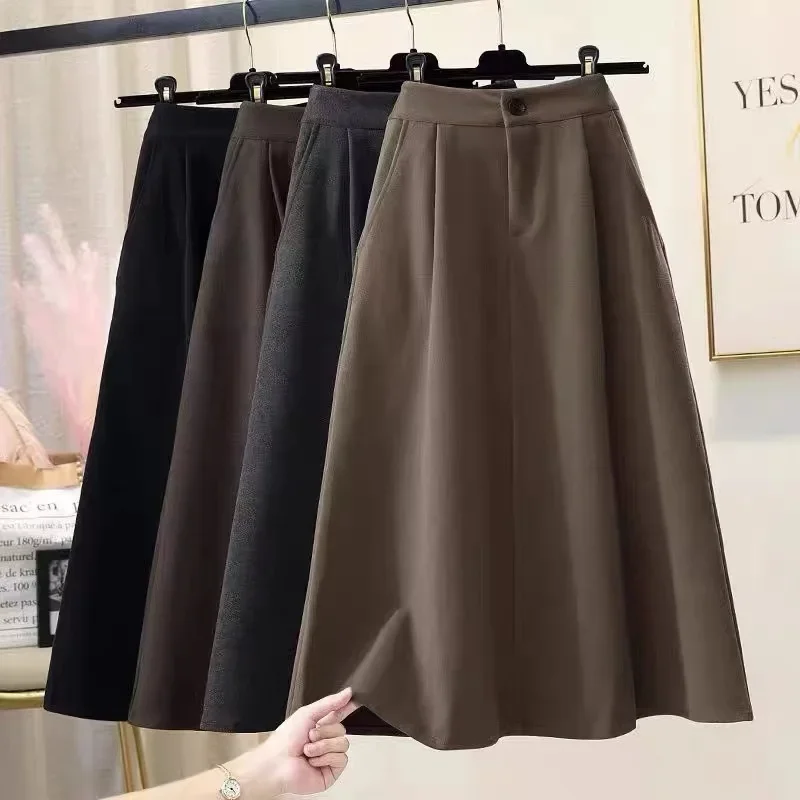 

High Waist Midi Skirt for Women Temperament Mori-girl A-line Fall Winter Korean Elegant Ladies Black Skirts Retro Gentle Faldas