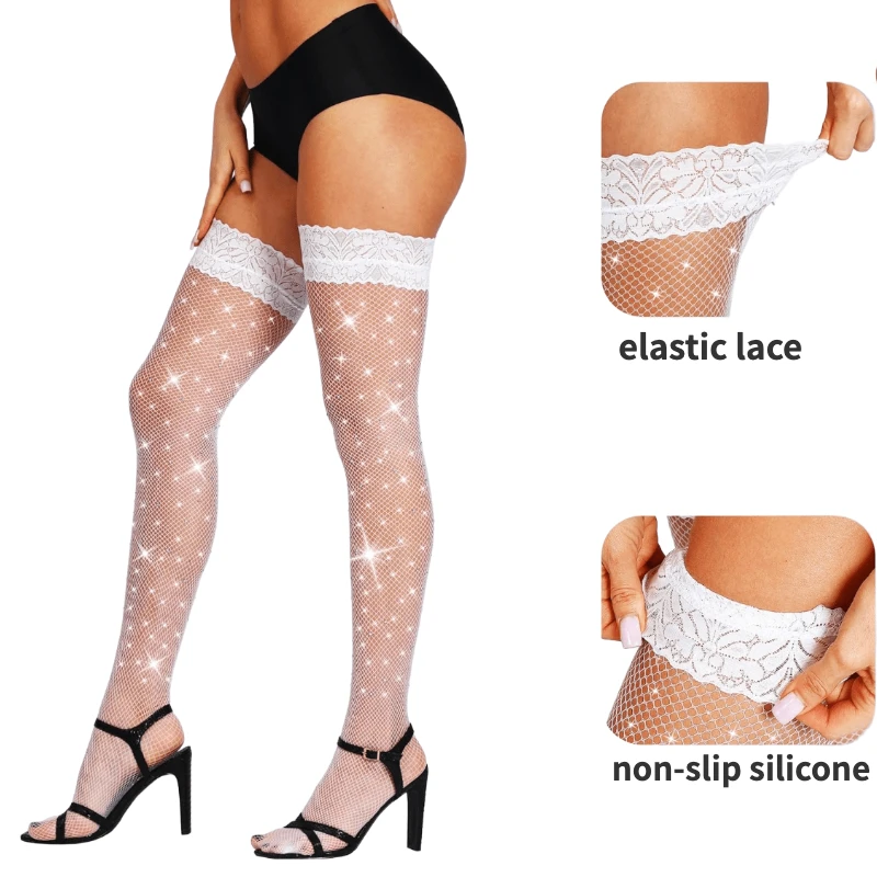 Newest Non Slip Silicone Sparkly Rhinestone Stockings for Women Fishnet Thigh High Socks Girls Lace Top Hosiery Stay Up Stocking