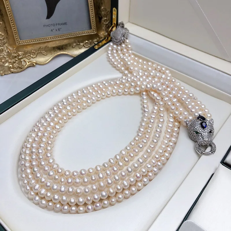 Natural 5row 6-7mm freshwater pearl necklace bracelet women's fashion jewelry multi-layer sweater chain 17