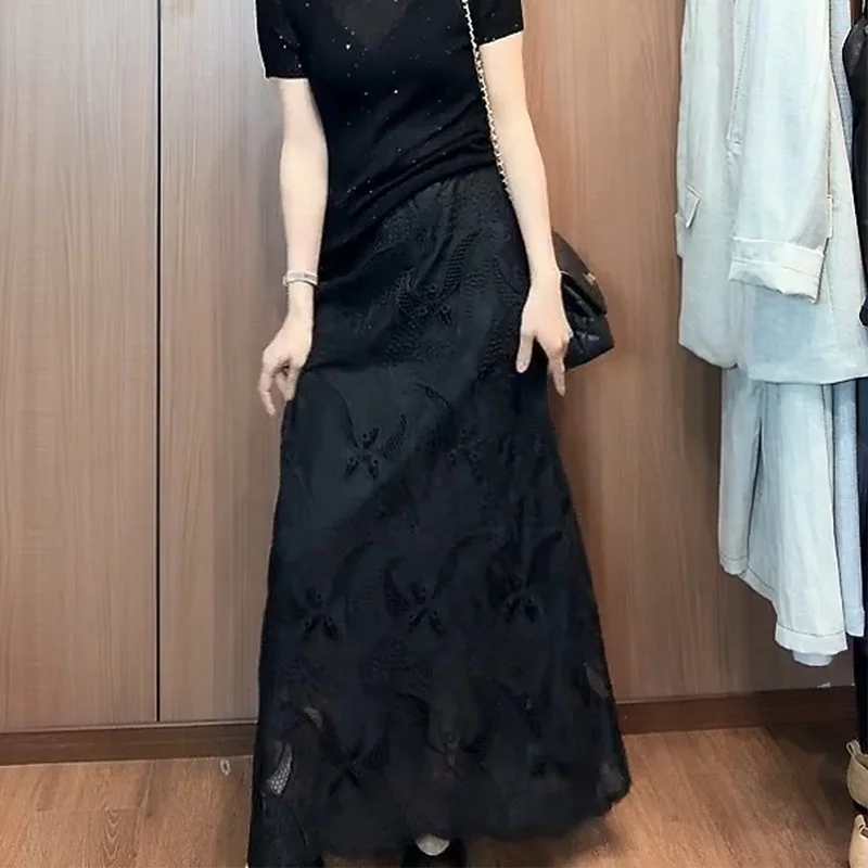 

New Chinese Style jacquard Long Skirt Wome Summer High Waist Slim Thin Lace Patchwork A-line Maxi Skirts Black Clothing
