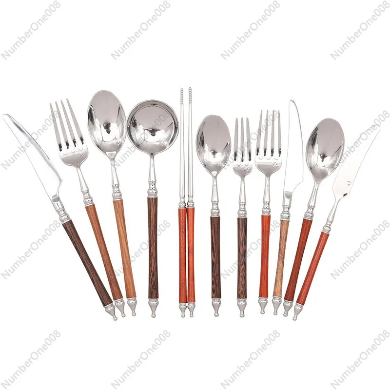 

304 Stainless Steel Tableware Light Luxury Retro Wooden Handle Tableware Household Knives, Forks, Spoons, Spoons