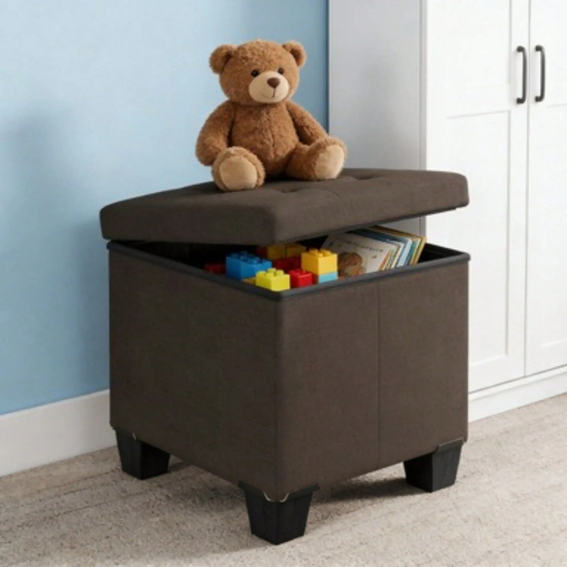 

Ottoman With Storage Bench, 15-Inch Foot Stool Storage Ottoman, Linen, Brown