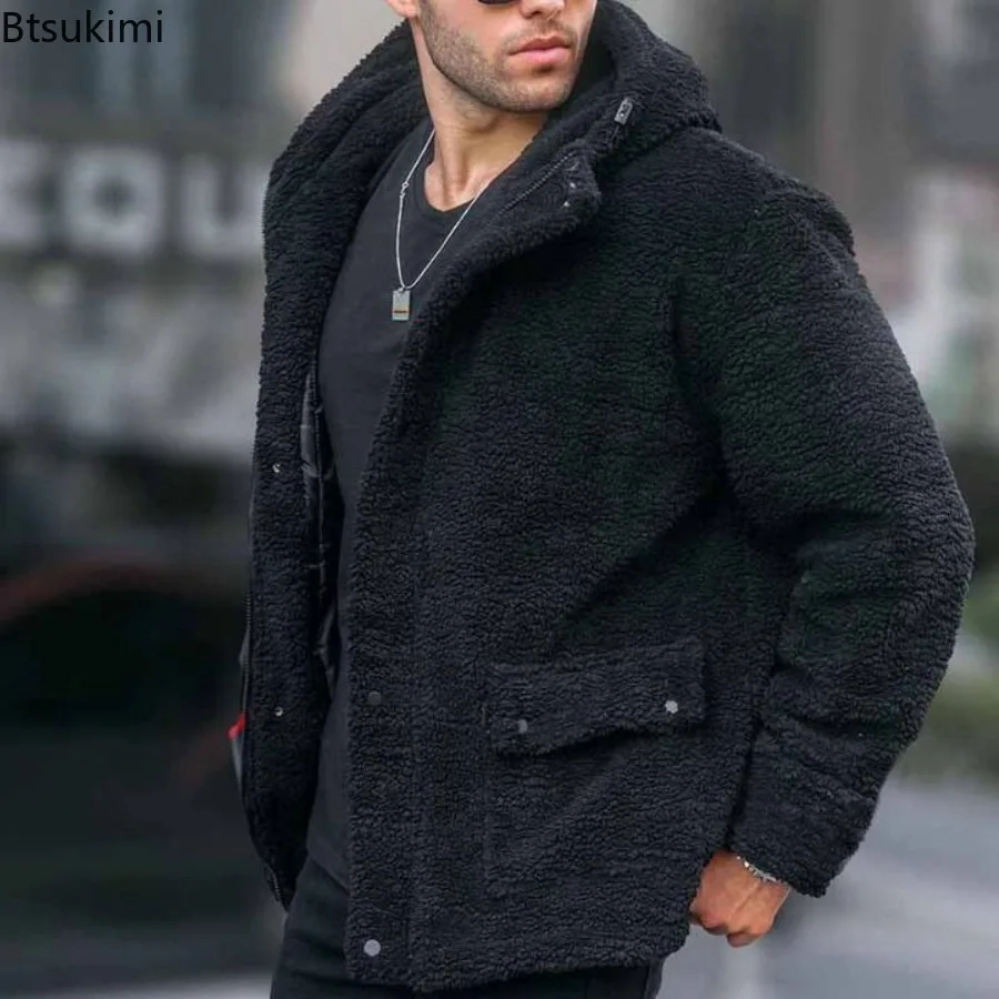 2025 Men's Autumn and Winter Fleece Zipper Sweater Hooded Solid Color Fluffy Coats Male Sherpa Fleece Jackets Warm Streetwear
