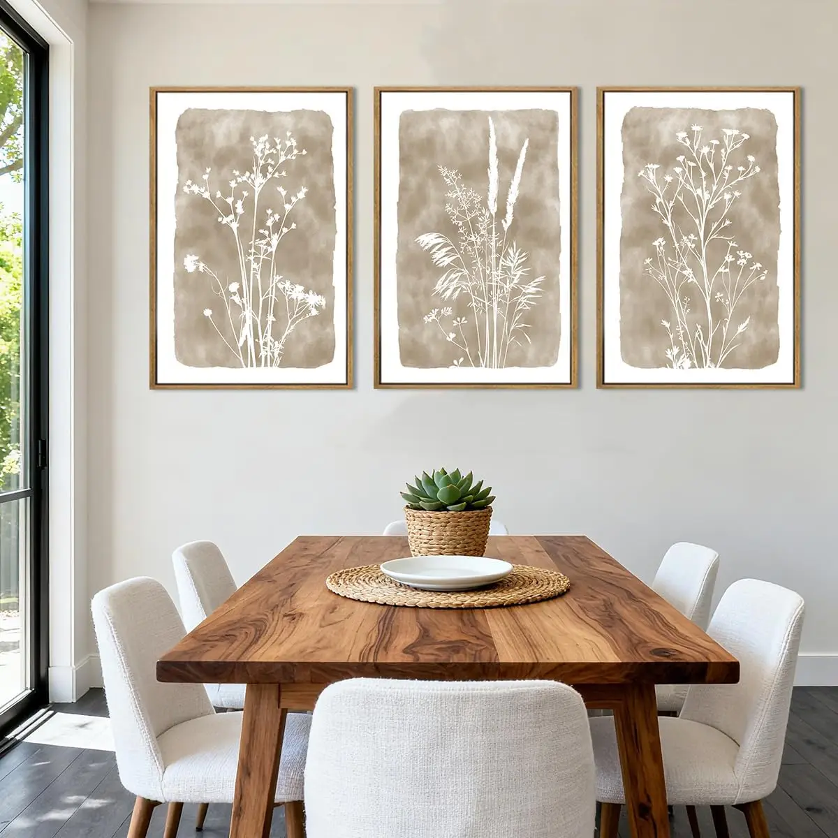 Set of 3 Framed Beige Brown Botanical Wildflower Canvas Wall Art Prints 24 X 36 Inch, Rustic Farmhouse Boho Vintage Plant Floral Wall Decor for Living Room Bedroom Office Indoor Home Display