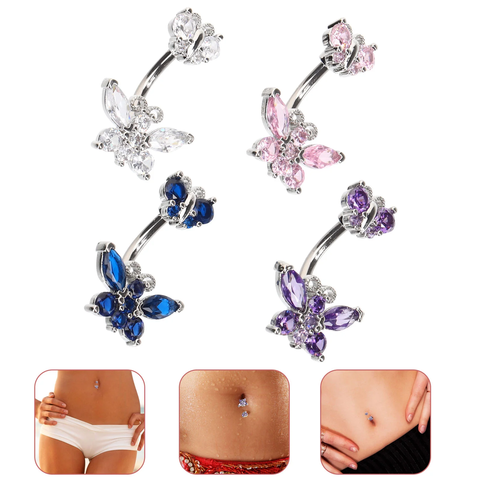 

4 Pcs Stainless Steel Navel Button Piercing Jewelry Rhinestones Women's Belly Belly Button Personalized for Birthday