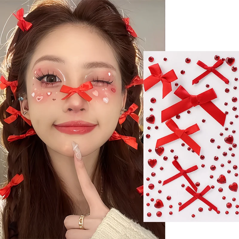 

Acrylic Rhinestone Red Pink Bow Ribbon Temporary Tattoos DIY Self Adhesive Cute Ballet Style Stickers Festival Body Art Decorate