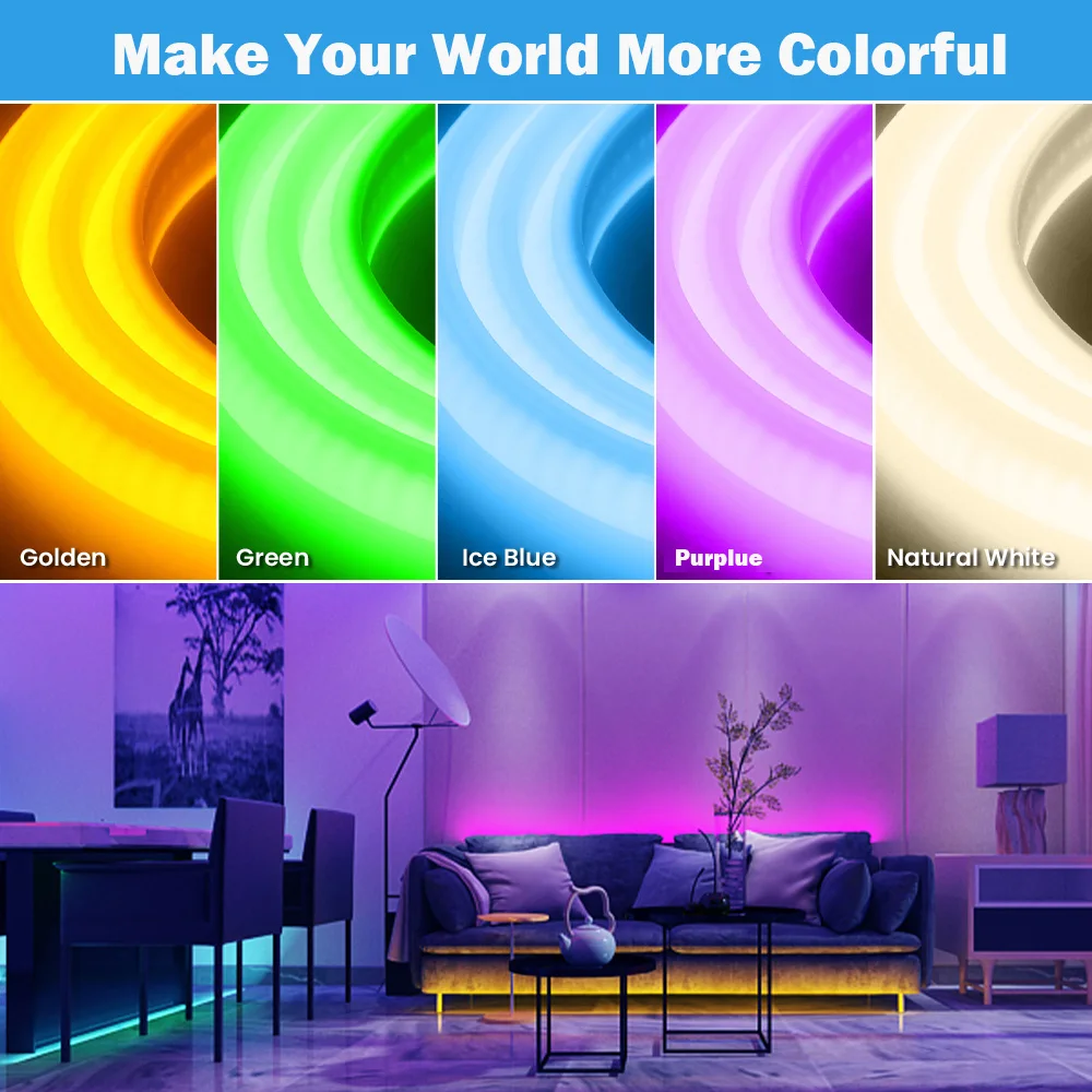 Multicolors 220V COB LED Neon Strip Light 288LEDs/M With/No Switch Plug Waterproof Dimmable Linear Lighting for Kitchen Garden