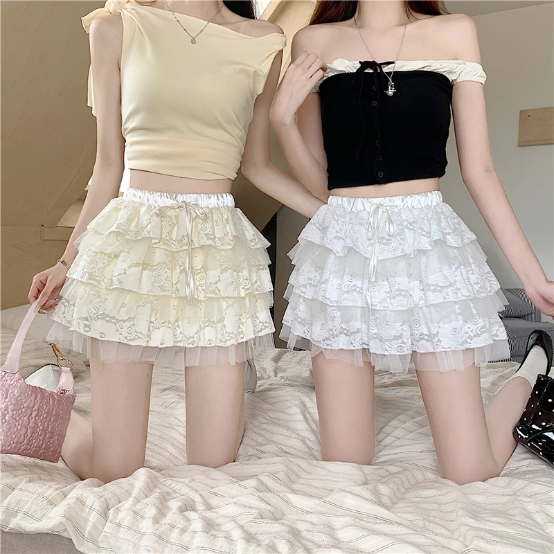 2026 Lace Trim Mesh Multi-Layer Short Puffy Cake Skirt for Girls Gentle Sweet Match All Tops Baking Dress