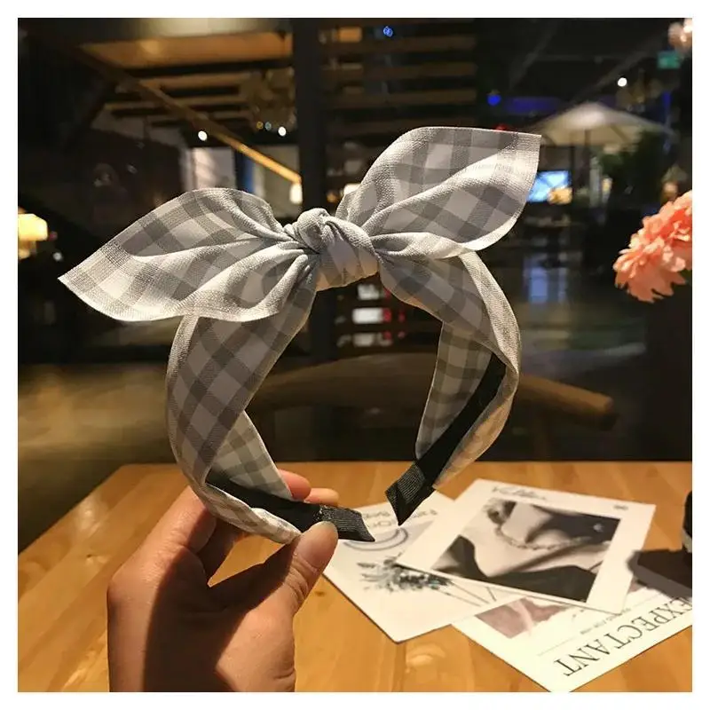 Sweet Chequer Bunny Ears Bowknot Hairband Bezel Hair Hoop Hair Accessories for Women Girl Ladies Rabbit Ears Plaid Knot Headband