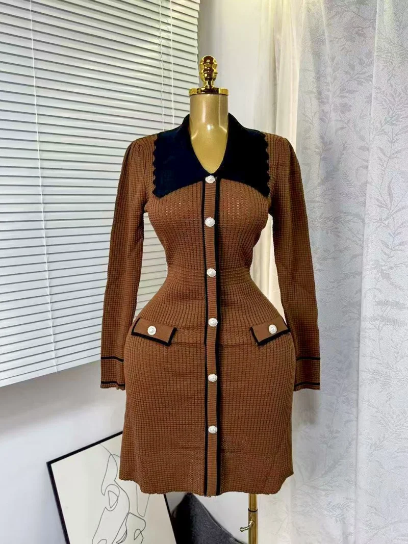 เดรสไหมพรมทรงเข้ารูปสวยหรู เสื้อผ้าฤดูใบไม้ร่วงสำหรับผู้หญิง แขนยาว คอปกพับได้ ทรงบอดี้คอน มินิเดรส สไตล์ OL เดรสไหมพรม ชุดเดรสผู้หญิง