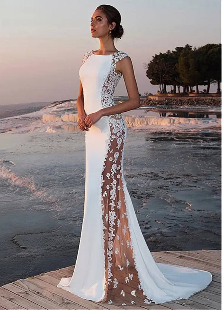 

Summer White Bohemian Beach Mermaid Wedding Dresses 2026 Lace Satin Jewel Lapel Bridal Gowns Sweep Train Vestidos De Noiva