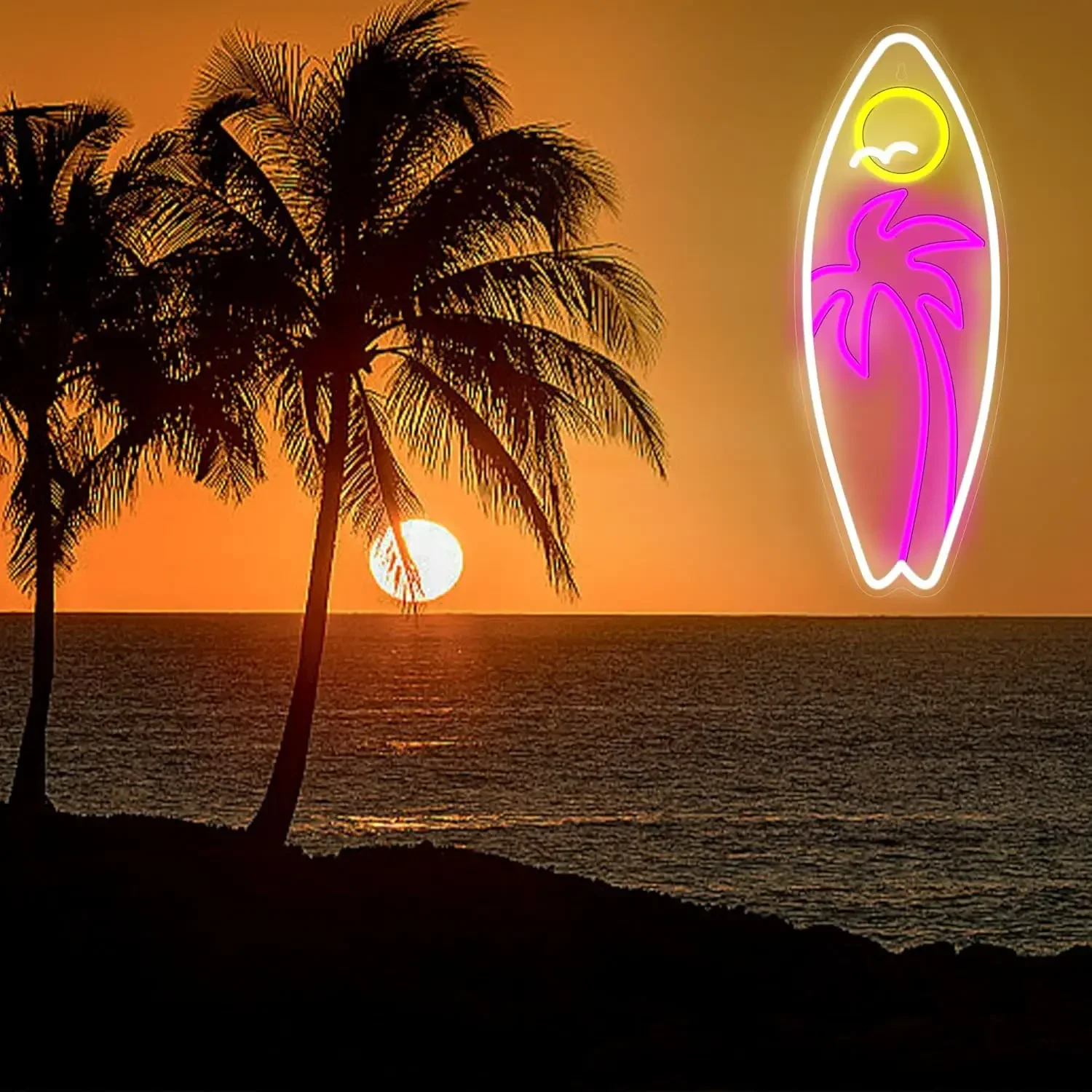 ปากการูปหัวใจกระดานโต้คลื่นต้นปาล์มดวงอาทิตย์ LED หรี่แสงได้ปากการูปหัวใจชายหาดที่ขับเคลื่อนด้วย USB ของตกแต่งสำหรับมนุษย์ถ้ำฤดูร้อนร้านอาหารบาร์คลับ