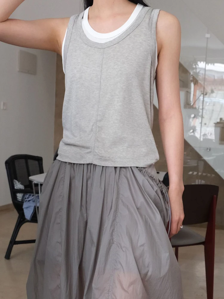 [EAM] Women Gray Double Layers Casual  Tank Tops New Round Neck Sleeveless Personality Fashion Tide Spring Summer 2024 1DH5432