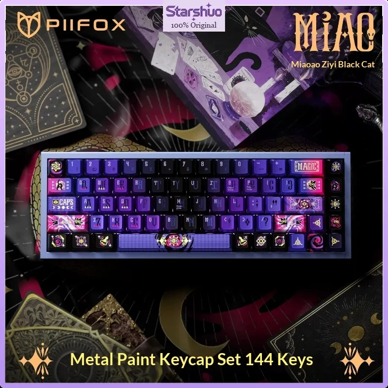 PIIFOX Mystic Purple Black Cat Metallic Paint Dye Sub PBT Keycaps 144 Keys Custom Mechanical Gaming Keyboard Esports Accessory