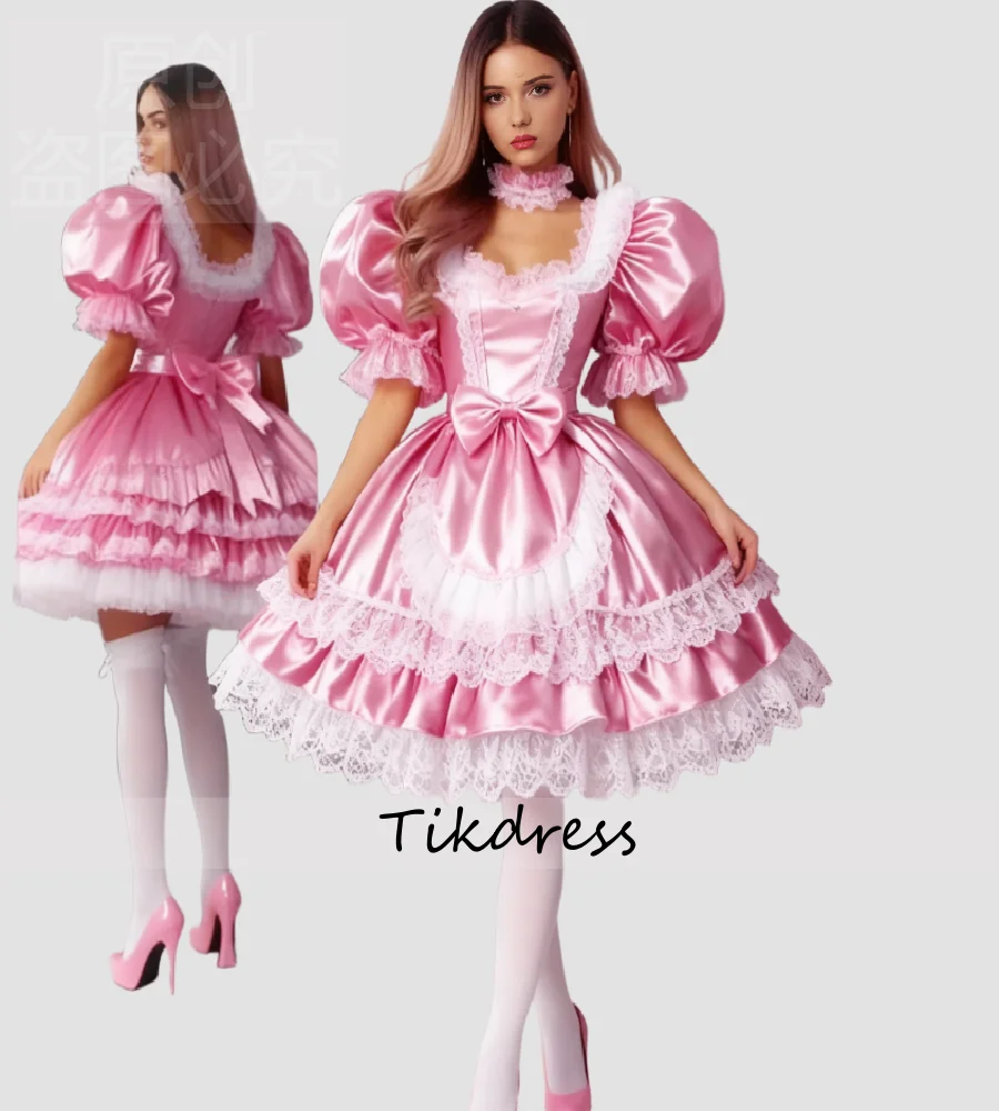 

Sexy Pink Maid Dress With Apron Mini Short Puff Sleeve Cosplay Evening Dress Lace Frilly Mistress Satin Prom Dress 2026 Cocktail