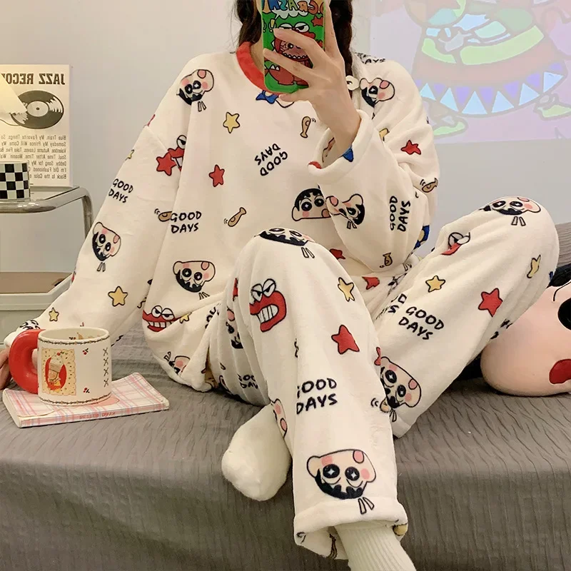 Crayon Shin-chan Anime Ladies Pajamas Cartoon Round Neck Long-sleeved Cardigan Autumn Winter Thickened Warm Comfortable Homewear