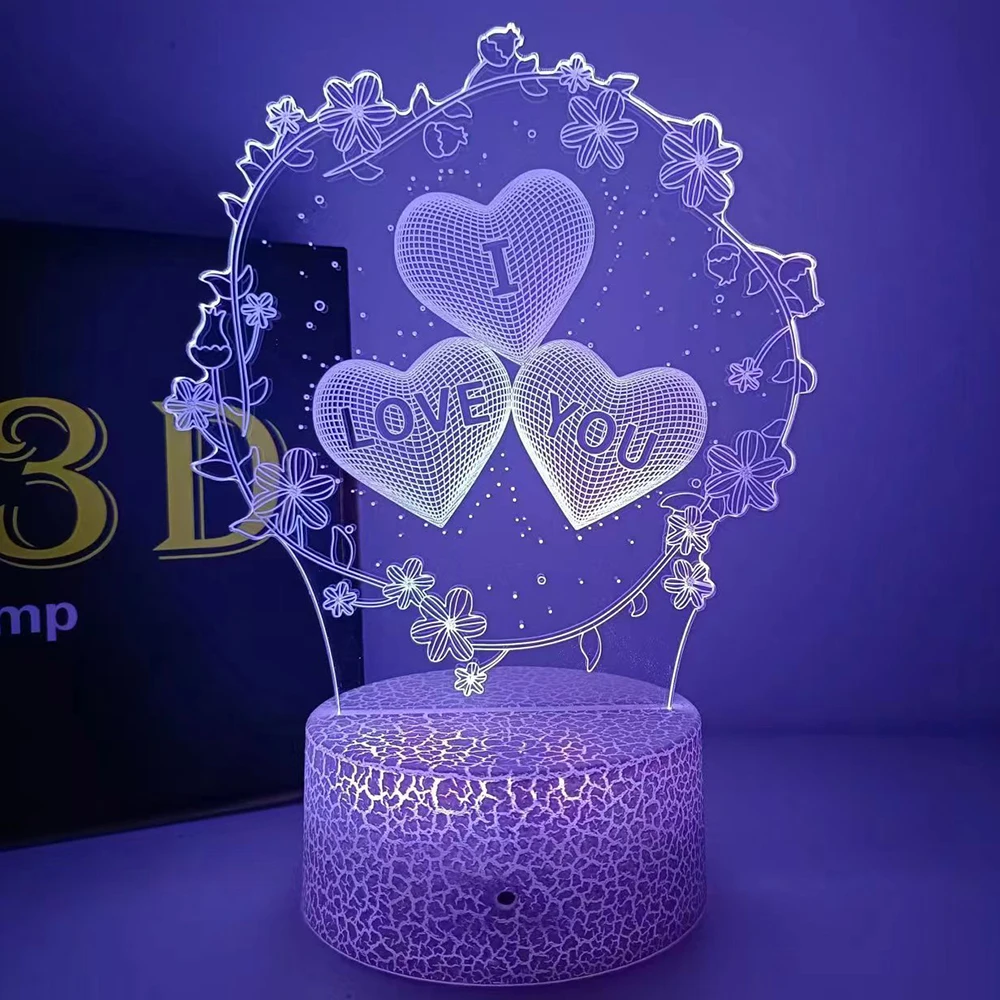 TI AMO Luce notturna 3D con cuore Interruttore tattile a LED Atmosfera colorata per la decorazione domestica Lampada da tavolo leggera San Valentino