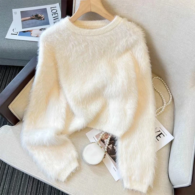 Female Korea Autumn And Winter New Foreign Style Thin Thickened Mink Velvet Pullover Short Knit Sweater Solid Colour Jumper