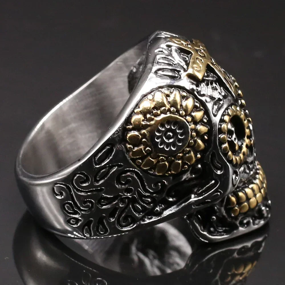 Punk Rock Gold Farbe Edelstahl Premium Schädel Biker Ring Männer Große Größe 9-13 Kreuz Schmuck