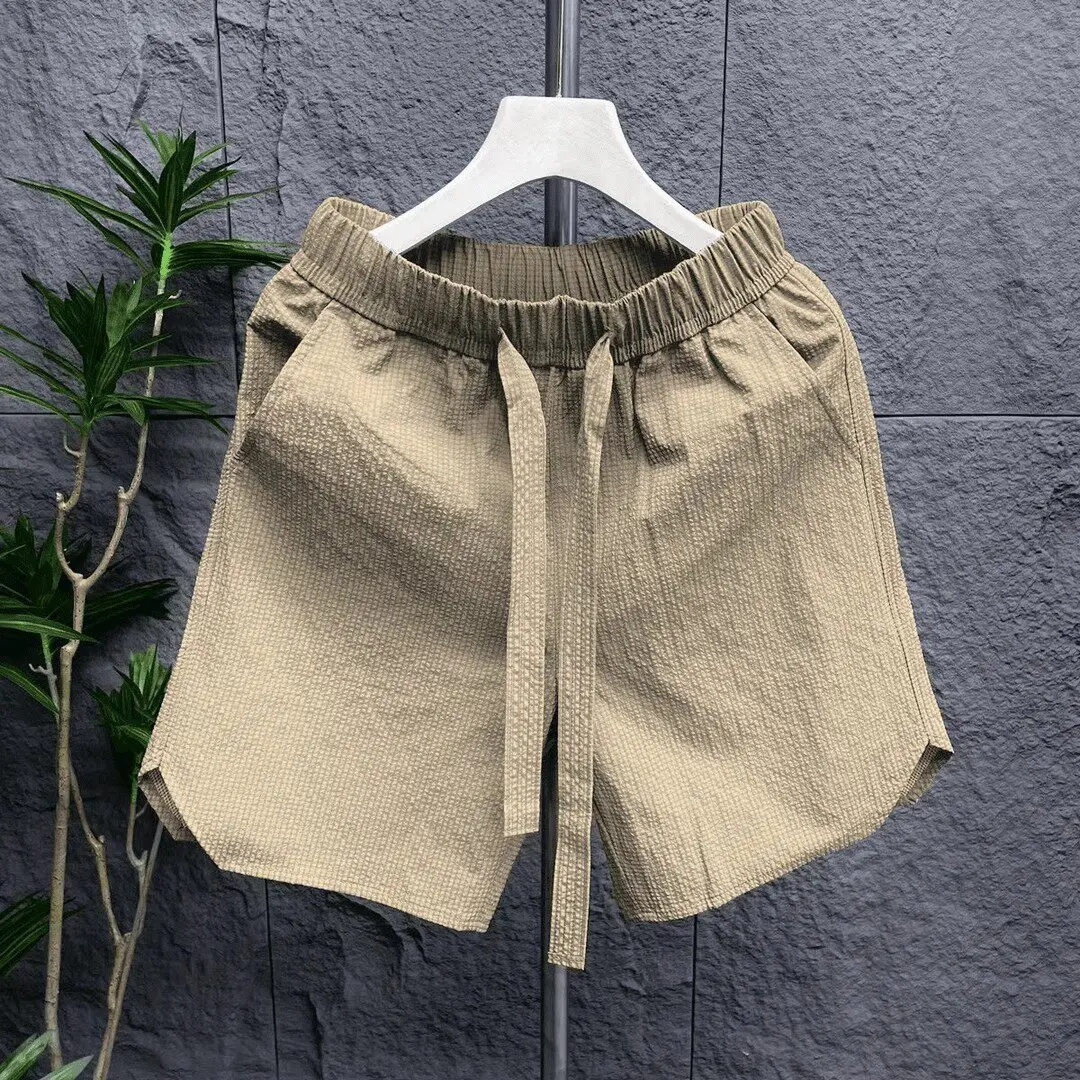 Khaki Bubble Casual Shorts Men's Lightweight Quick Dry Sports Five-Point Ice Silk Cool Feeling Beach Pants Loose Fit Elastic ...