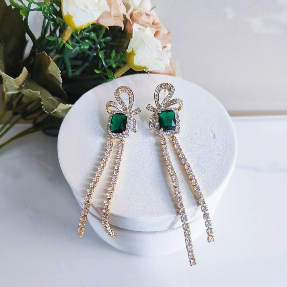 Bow Square Green Zircon Tassel Earrings Elegant Delicate Shiny Beautiful High-Quality Jewelry