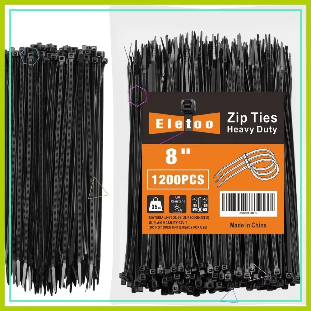

1200 Pack 8 Inch Black Zip Ties, 35 LBS Tensile Strength, Nylon PA66 UV Resistant Cable Ties