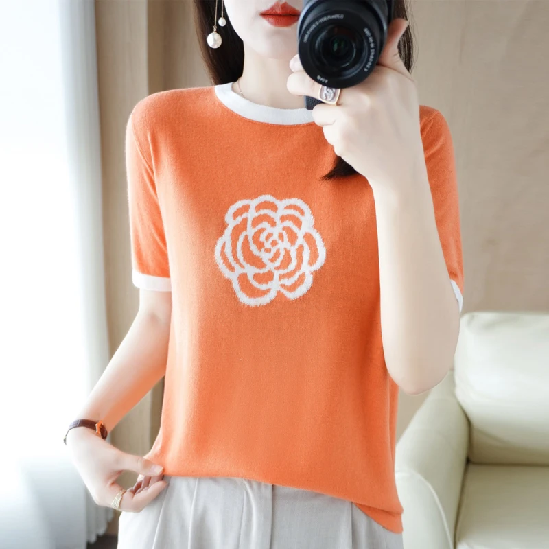 Spring/Summer New High-End Women\'s Pullover Patchwork Color Camellia Embroidery Fashion Short-Sleeved T-Shirt Knitted Top