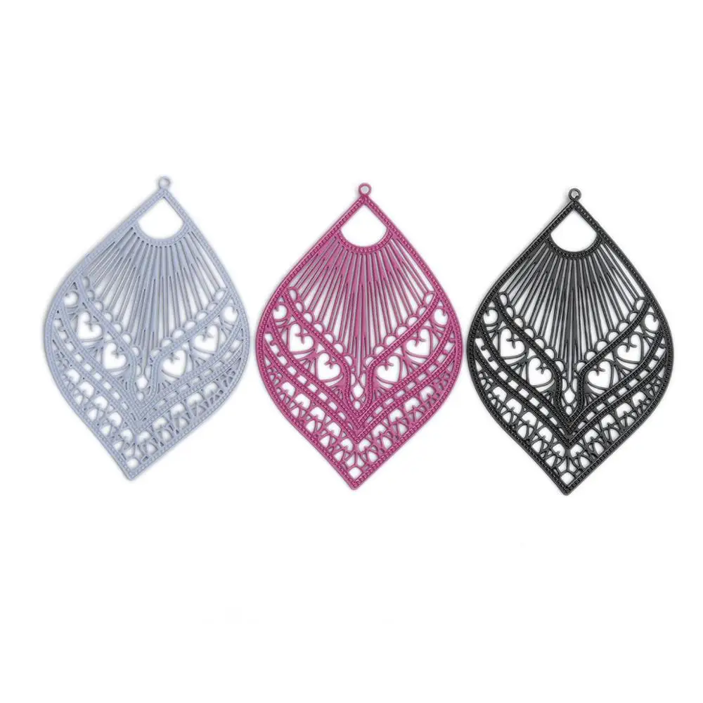 DoreenBeads10 PCs Fashion Copper Filigree Stamping Pendants Black Gray Feather Style Jewelry DIY Findings Charms 59mm x 39mm