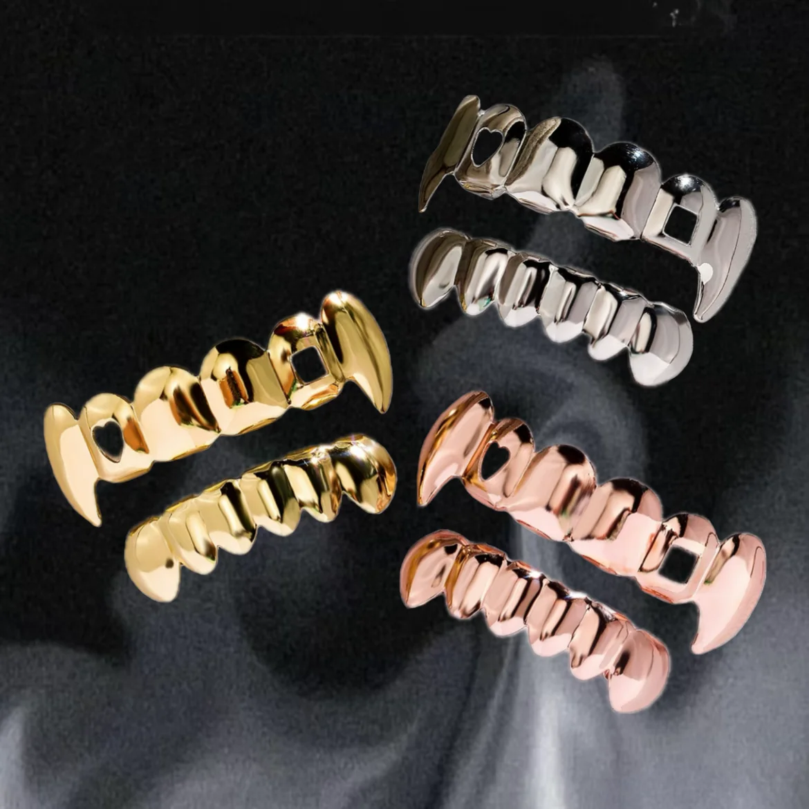 YOUNGX-colmillos Grillz de corazón hueco para hombre y mujer, tapas de dientes superiores e inferiores, Hip Hop, joyería de rapero corporal, 6/6 dientes