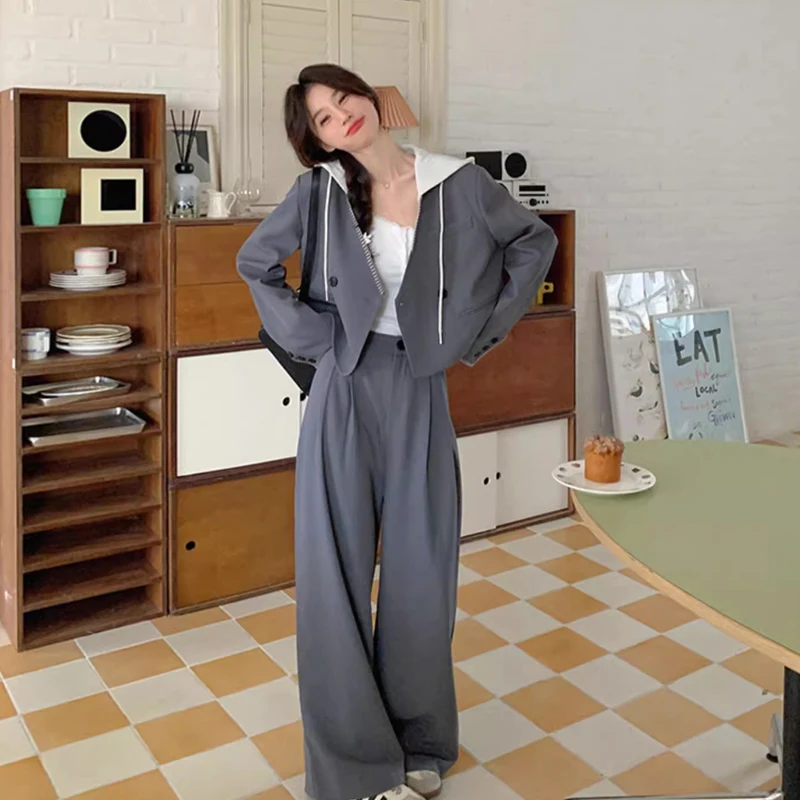 

Fall 2025 Korean Style Loose Coat High Waist Wide Leg Pants Two Piece Set Breathable Polyester Fabric Short Sleeve Open Cardigan