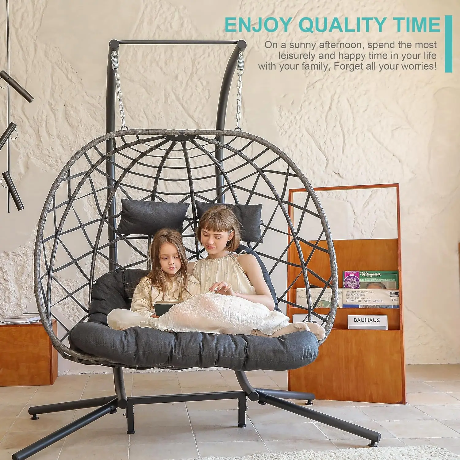 Double Egg Swing Chair with Stand, 2 Person Outdoor Indoor Hammock Hanging Chair with Cushion for Patio Living Room 550 L