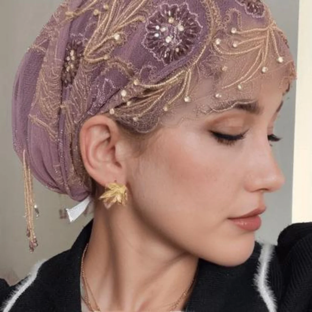 Turban Hat for Women Lace Rhinestone Muslim Hijab Beanie Cap Chic Floral Embroidery Headwrap Prayer Hat 5