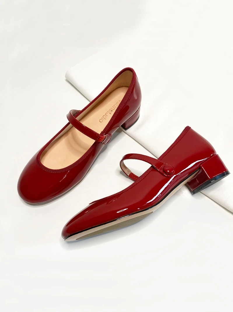 

Handmade leather small red shoes with one line buckle thick heel round head