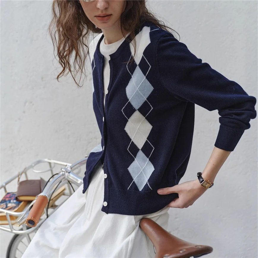 

8182 French Commuter Quilted Color-Block Jacquard Cardigan Autumn Winter Round Neck Andy Velvet Lazy Button Coat