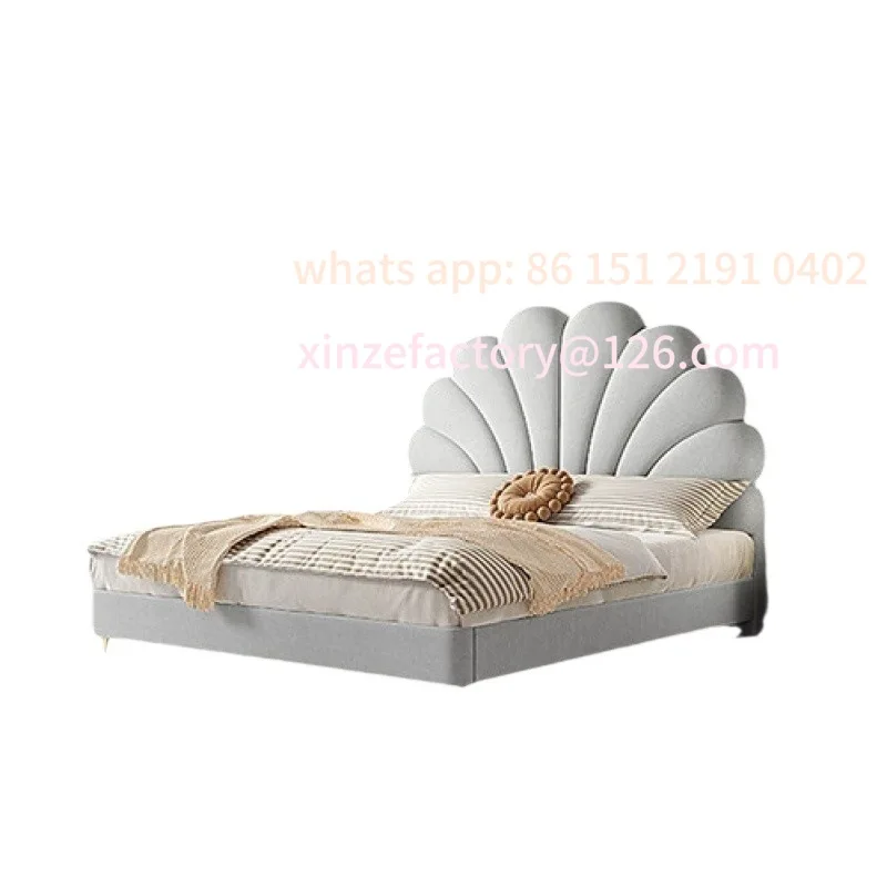 

Customizable modern simple solid pine bed relies on light luxury small apartment soft bag backrest French retro petal fabric bed