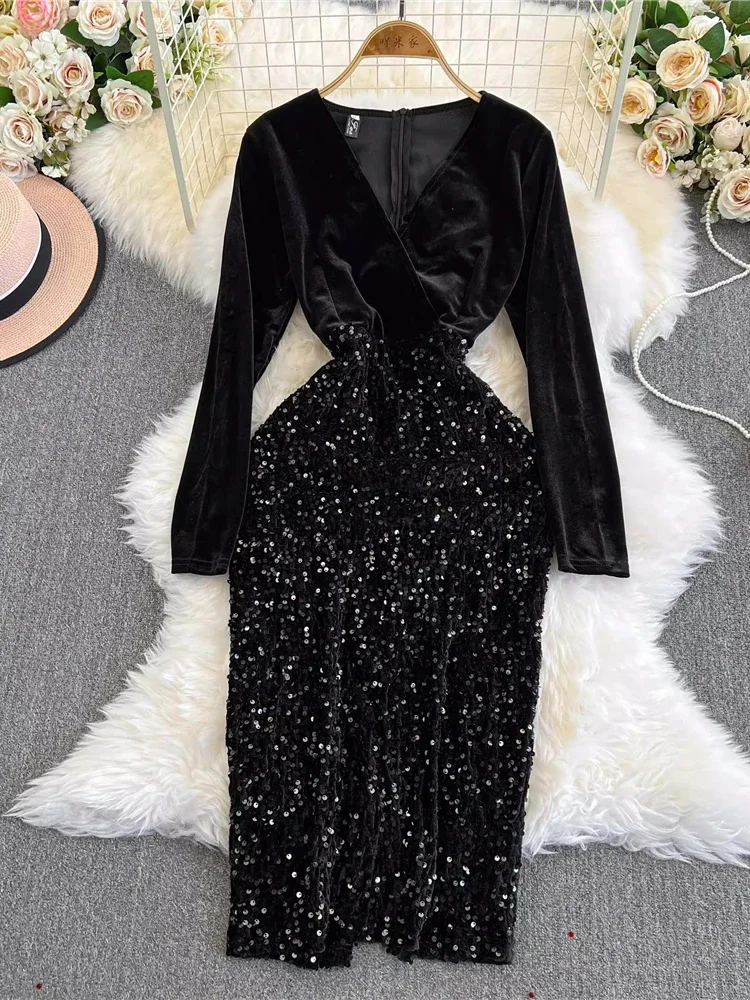 Autumn Women Black/Red Sequins Velvet Party Midi Dress Vintage V-Neck Long Sleeve Slim Bodycon Vestidos Elegant New Fashion Robe