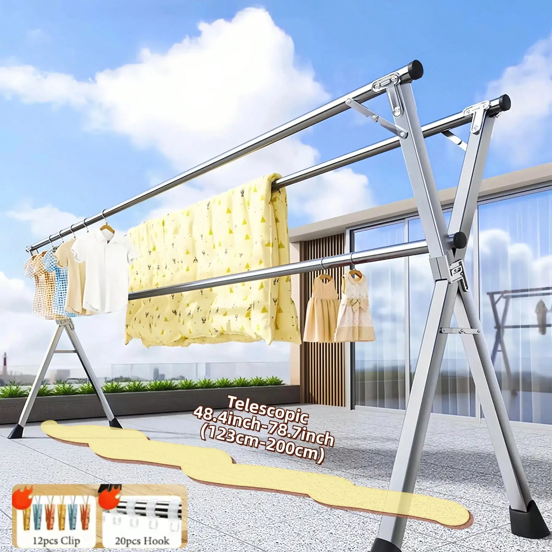 

1pc Heavy Duty Stainless Steel Foldable Clothes Drying Rack,Clothes Drying Rack 78.7 Inches Folding Outdoor Indoor