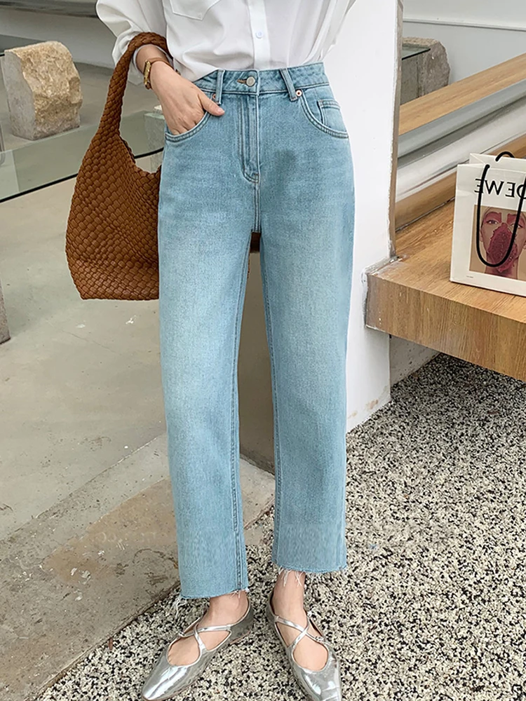 High Waist Woman Jeans 2024 Autumn New Arrivals Blue Color Botton Burrs Straight Korean Fashion Elegant Jeans Women Hot Sale