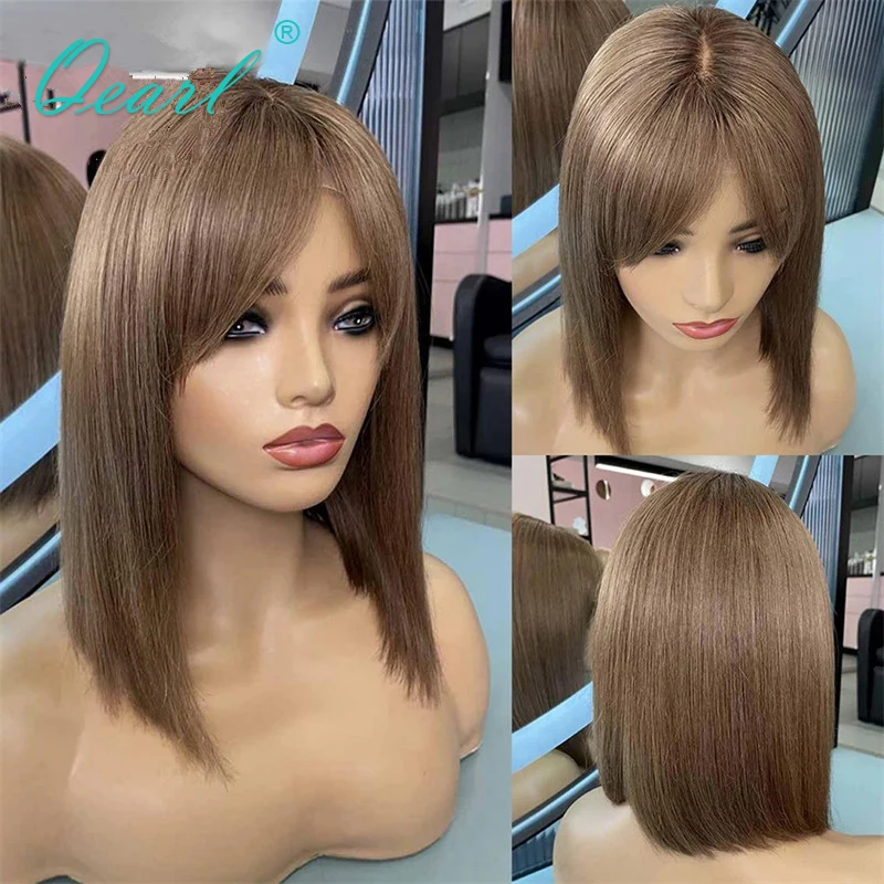 

Ash Light Brown Wigs Human Hair Women Lace Part Wig with Bangs Straight Blonde Highlights Glueless Human Hair Wigs Sale Qearl