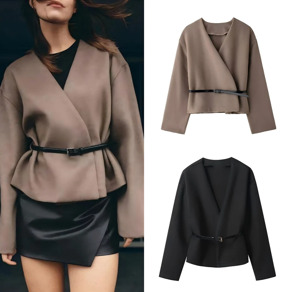 

Women's new fashion with Belt comfortable casual soft texture V-neck Coat retro long sleeved women's Coat chic top