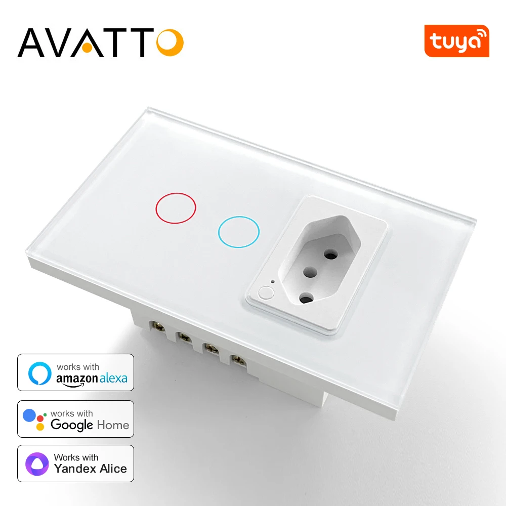 AVATTO Tuya ZigBee Smart Wall Switch&Socket Brazil Standard 4X2 Glass Panel 1/2 Buttons Light Switch For Alexa Google Home Ailce