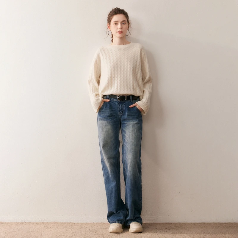 

100% Cashmere Sweater Women Round neck Pullover Autumn Winter Twist Flower Loose Long Sleeve Cashmere Knitwear Soft Thick Tops