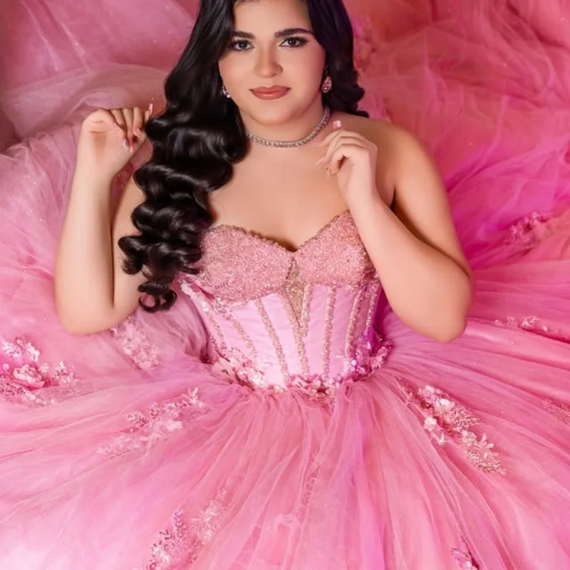 

Shiny Pink Quinceanera Dress off-shoulder Sequin 3D flower glitter decal Long tail vestidos de 15 Quinceanera ﻿Customize
