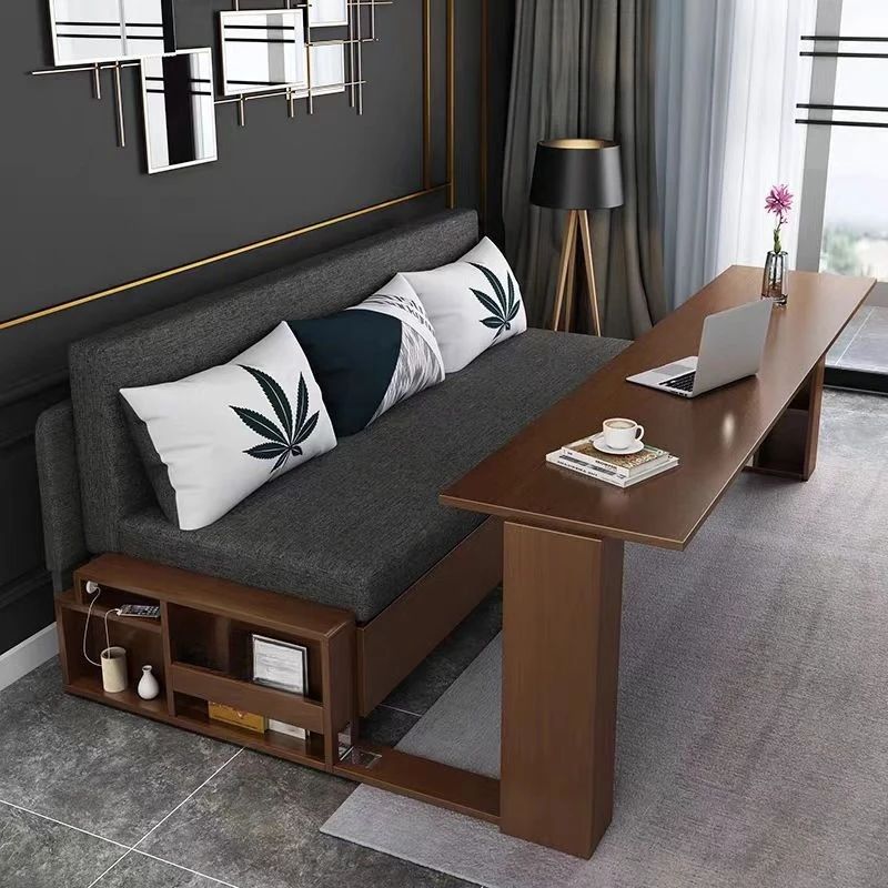 Solid wood sofa bed Small apartment Multifunctional living room Study push-pull foldable double