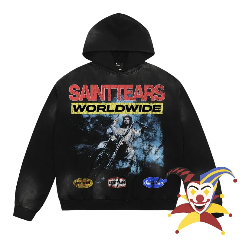 Washed WORLD WIDE Saint Tears Motorcycle Printing Hoodie Men Women 1:1 Best Quality Streetwear Casual Pullovers