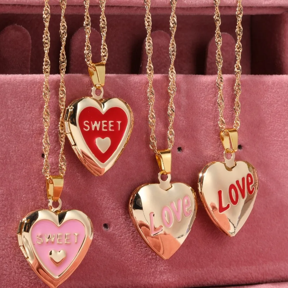 

Pink Light Heart Locket Pendants for Women Men Openable Photo Frame Glossy Stainless Steel Necklaces Family Love Collar Jewelry