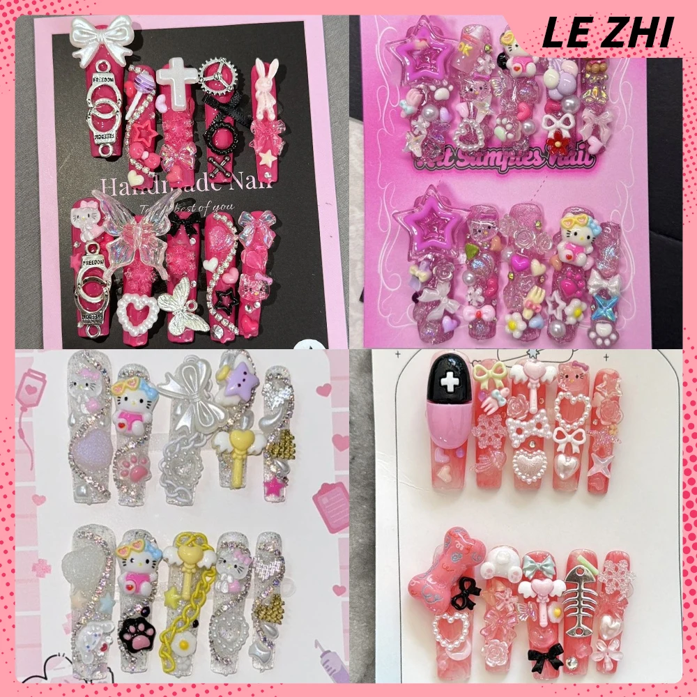 

Y2K Spicy Girl Sanrio Hello Kitty Long Coffin Handmade Press On Nail Diamond Chain Bow Butterfly Pearl Wearable False Nail Gifts