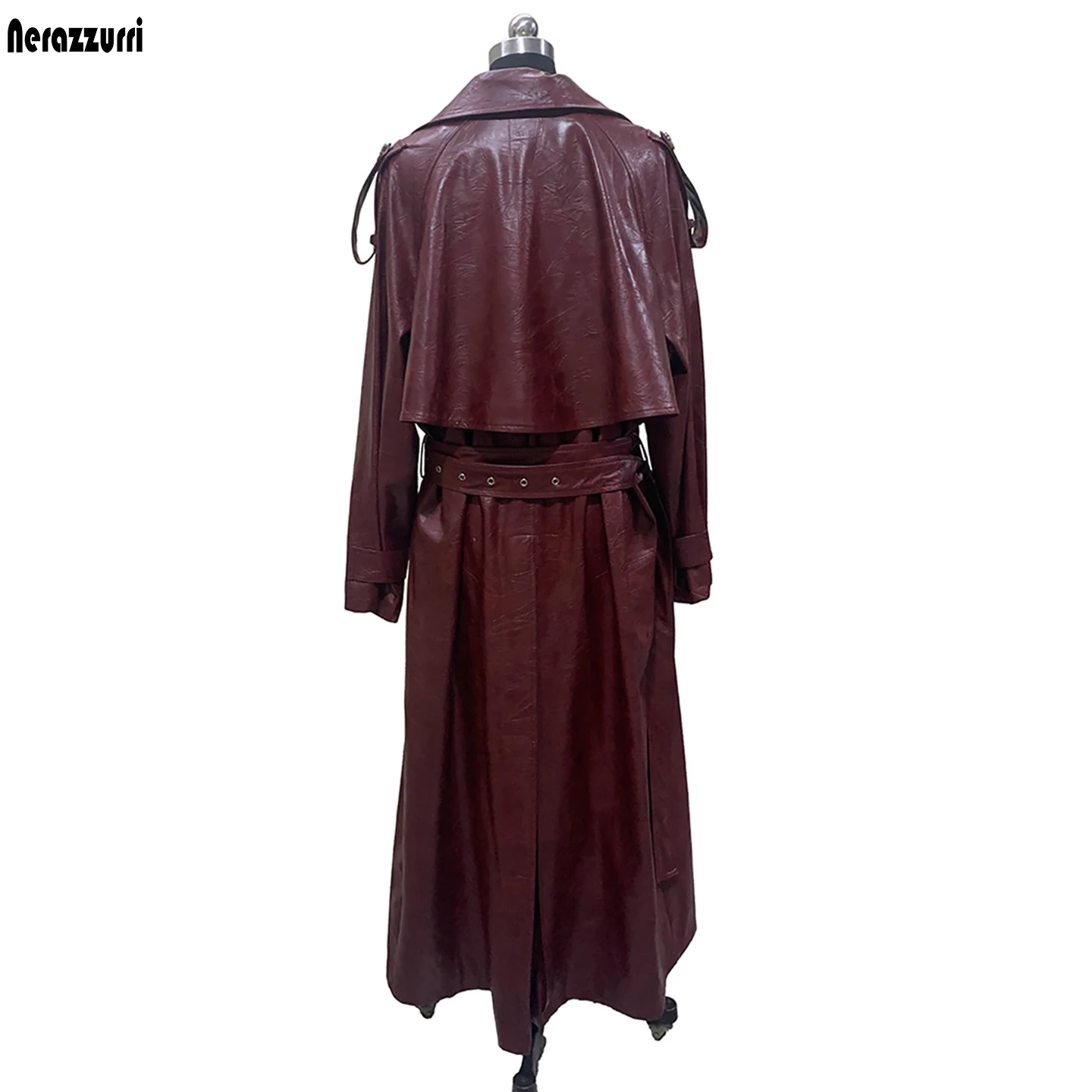 Nerazzurri Autumn Oversized Extra Long Pu Leather Trench Coat for Women Belt Luxury Designer Clothes European Fashion Overcoat